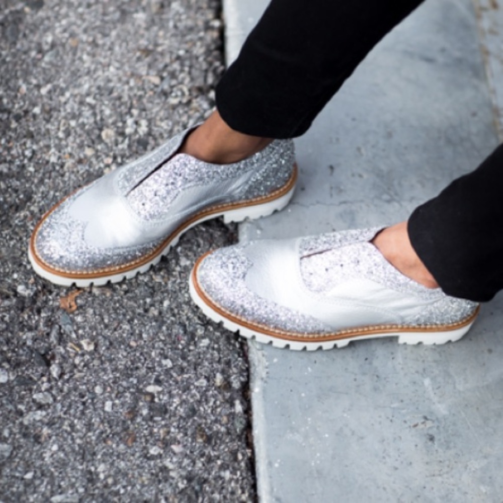 L'F silver glitter metallic brogue oxford loafers size 38 euro or size 8/8.5 USA